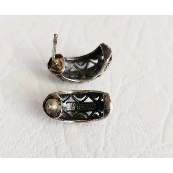 Vintage CW Marcasite Sterling Silver Hoop Earrings .50" 3.77g - Picture 4 of 7